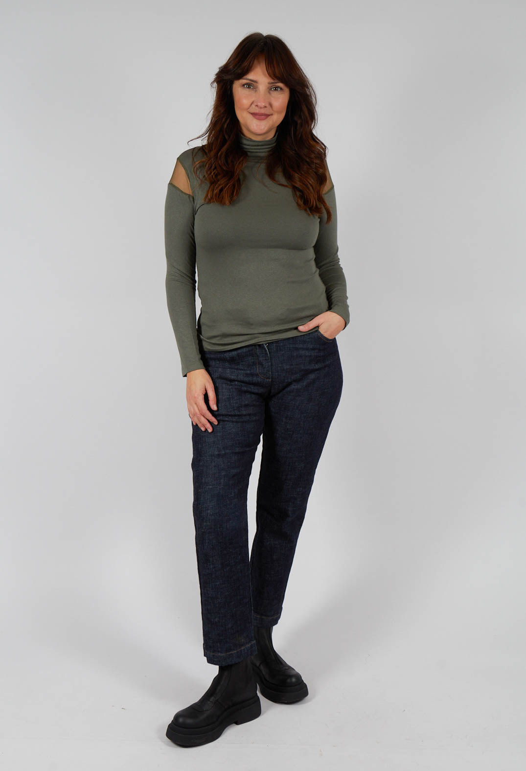 High Neck Top with Sheer Inserts in Khaki