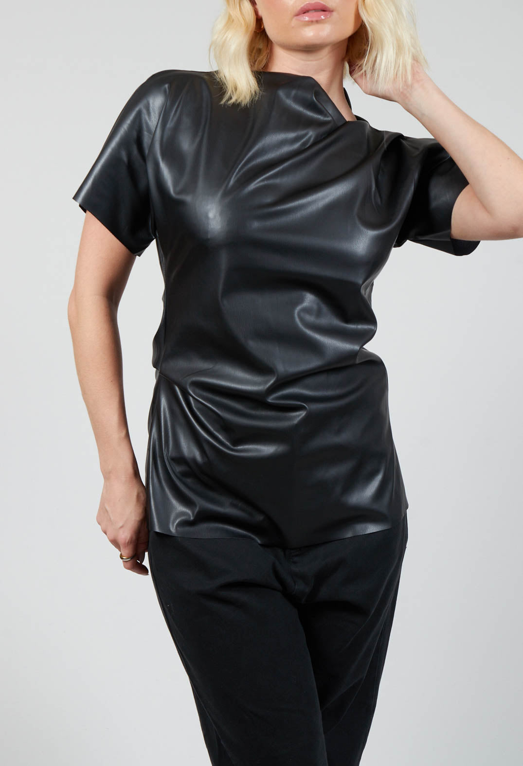 Faux Leather T-Shirt in Black