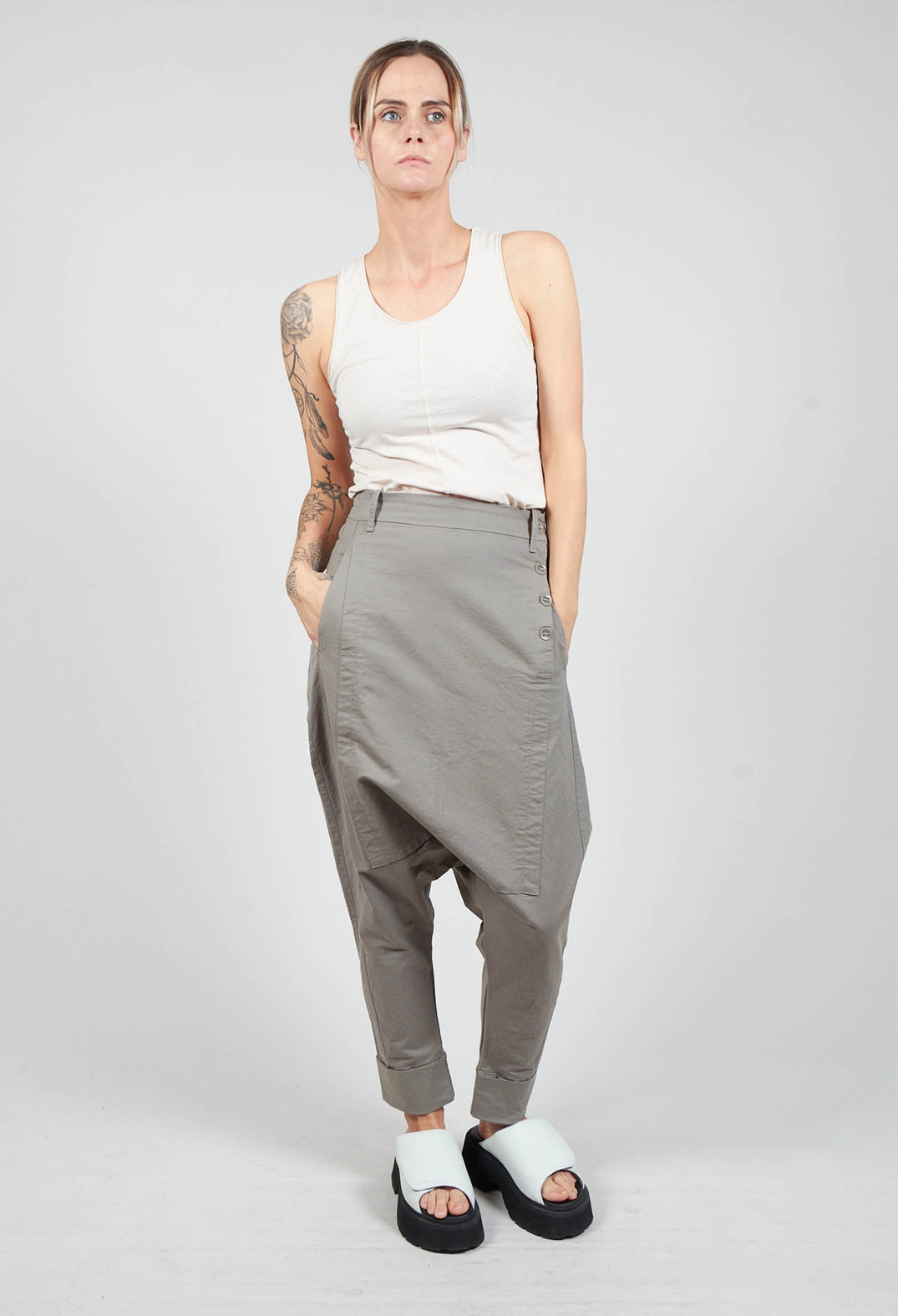 Drop Crotch Trousers with Turn-Ups in Grey