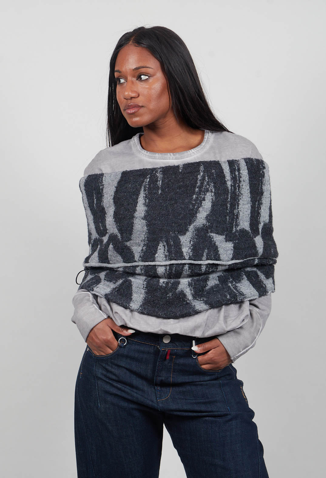 Knitted Snood with Drawstring Pulls in Stone/Black