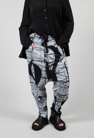 Jersey Drop Crotch Trousers with All Over Pattern in Black Print
