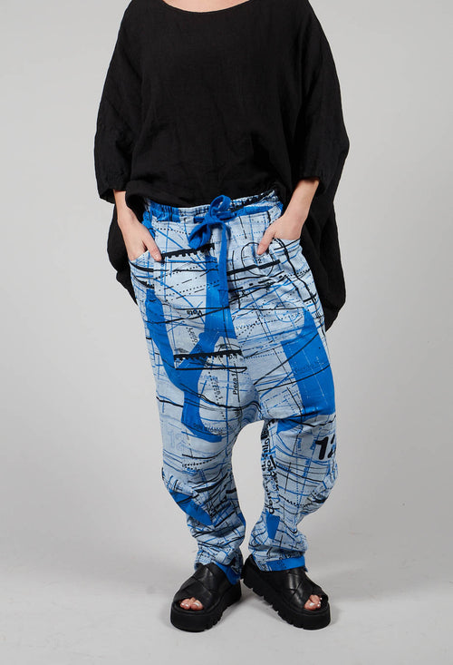 Jersey Drop Crotch Trousers with All Over Pattern in Blueberry Print