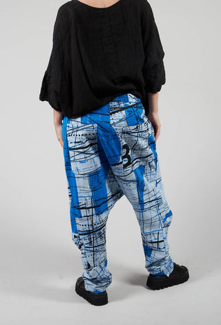 Jersey Drop Crotch Trousers with All Over Pattern in Blueberry Print