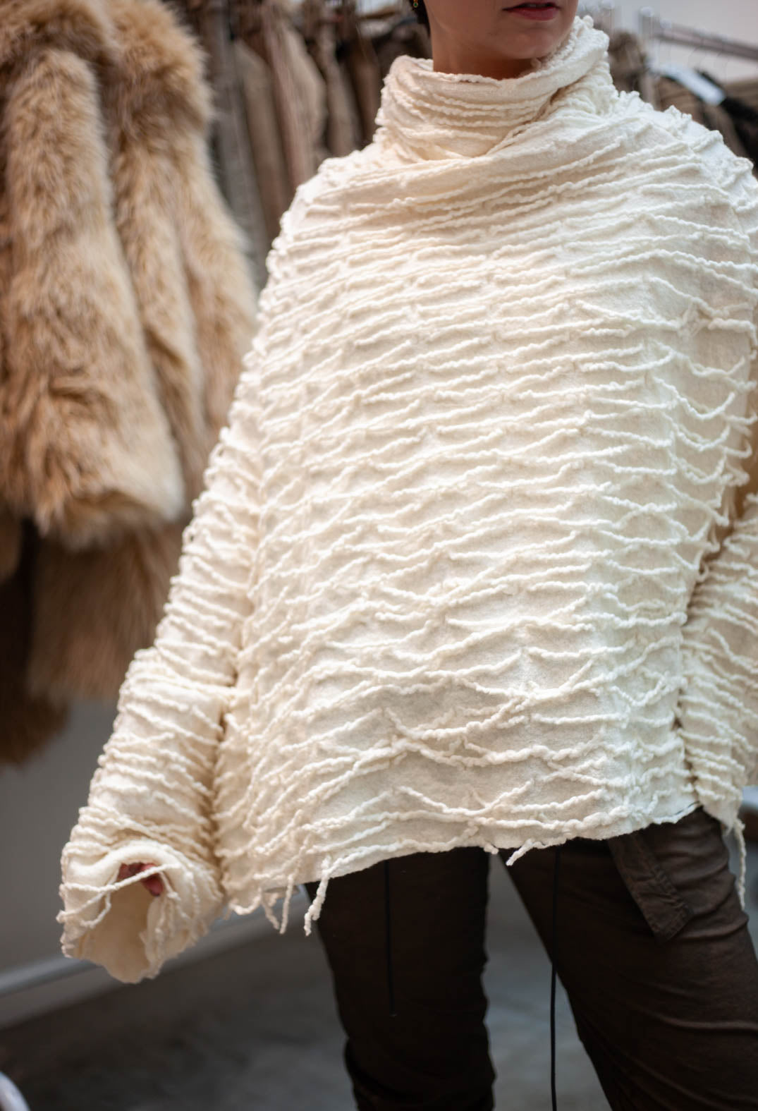 PRE-ORDER - Oversized Jumper with Knitted Strands in Ivory - 2680701