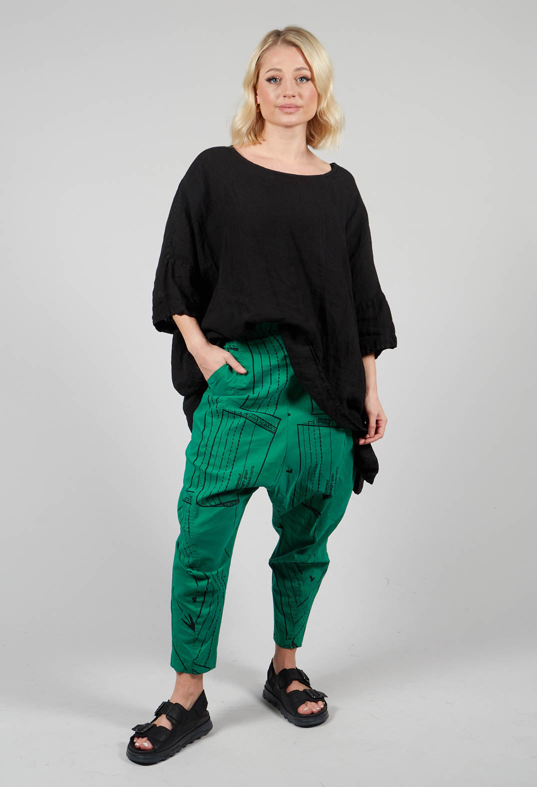 Pull On Drop Crotch Trousers in Apple Black Allover