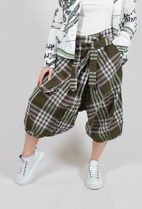 Drop Crotch Cropped Trousers with Button Belt in Haricot Check