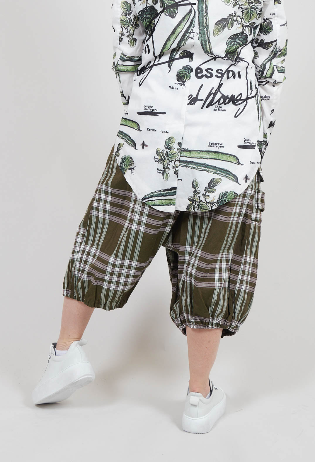 Drop Crotch Cropped Trousers with Button Belt in Haricot Check