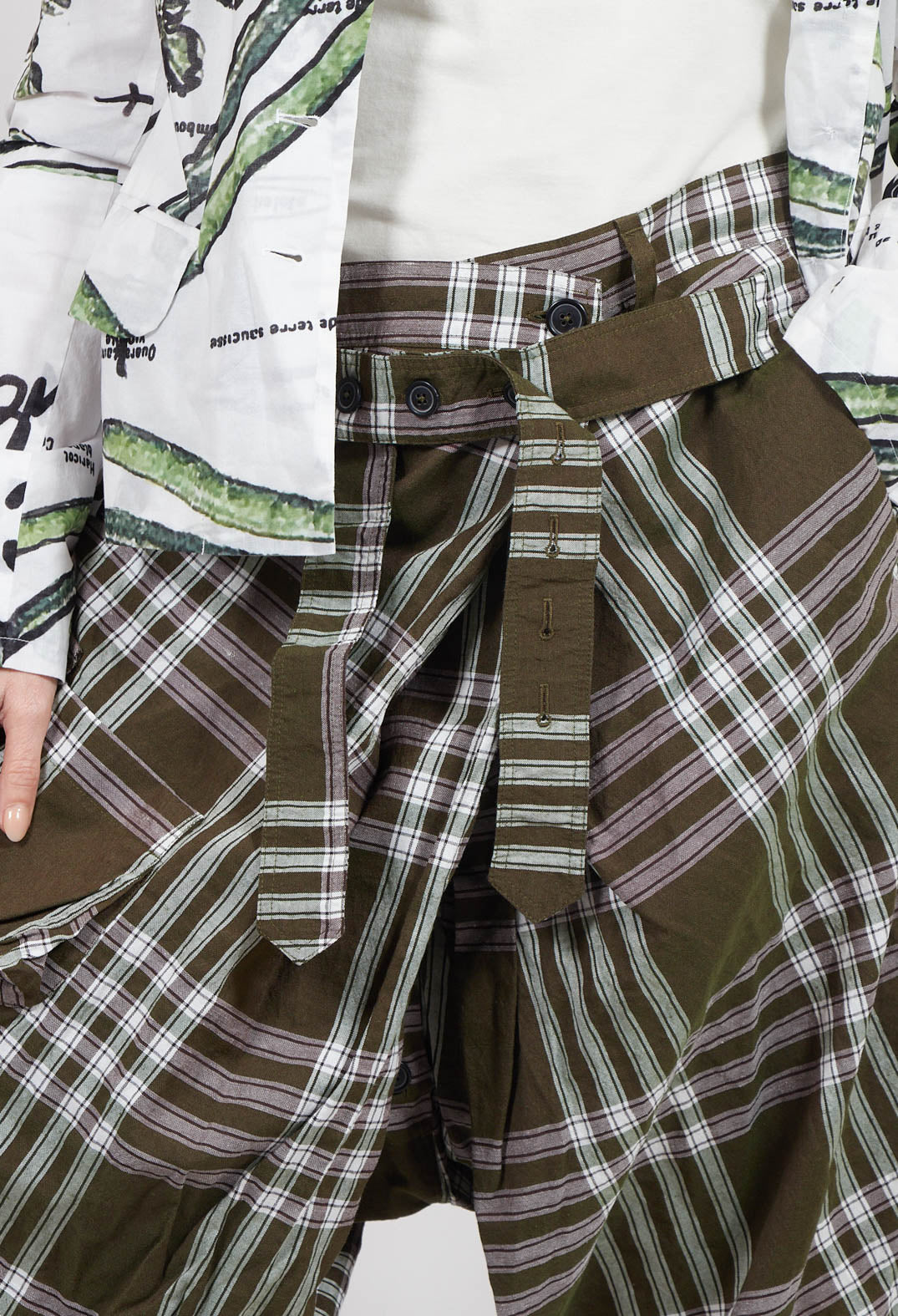 Drop Crotch Cropped Trousers with Button Belt in Haricot Check