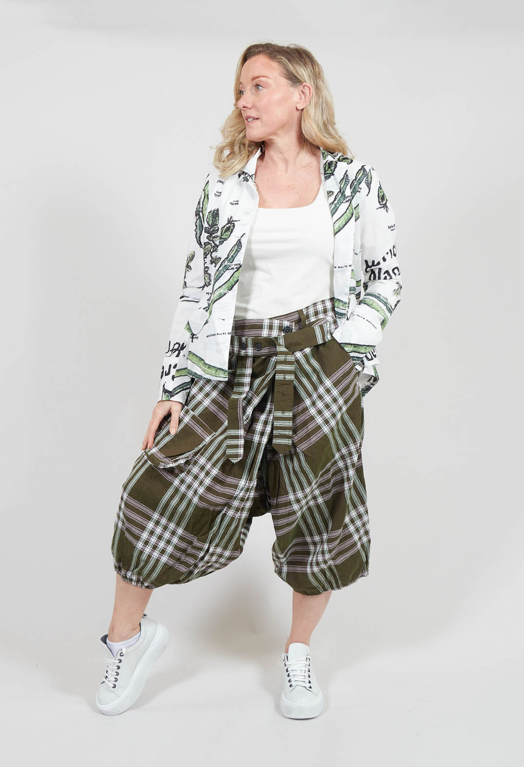 Drop Crotch Cropped Trousers with Button Belt in Haricot Check