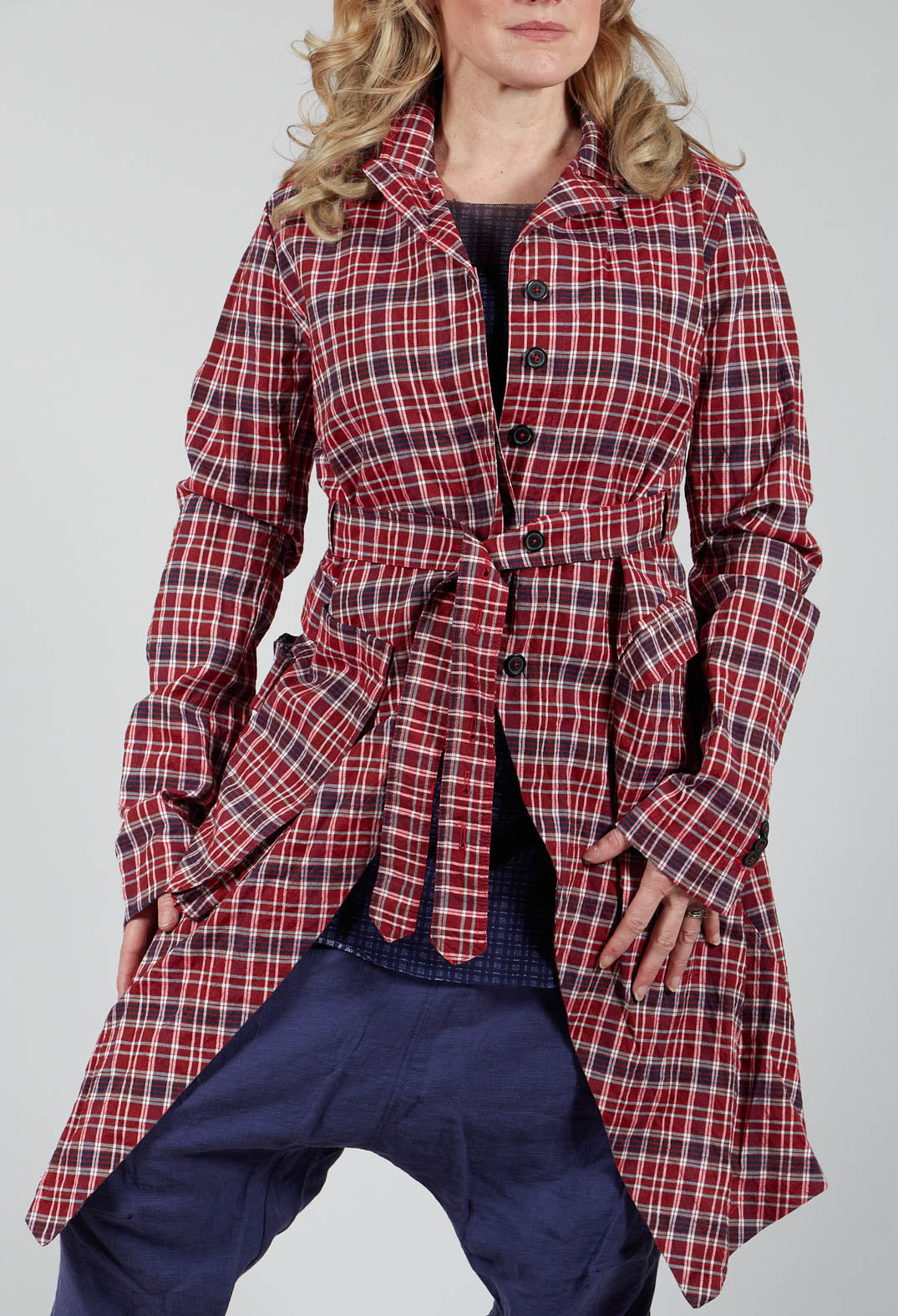 Longline Belted Coat in Fraise Check
