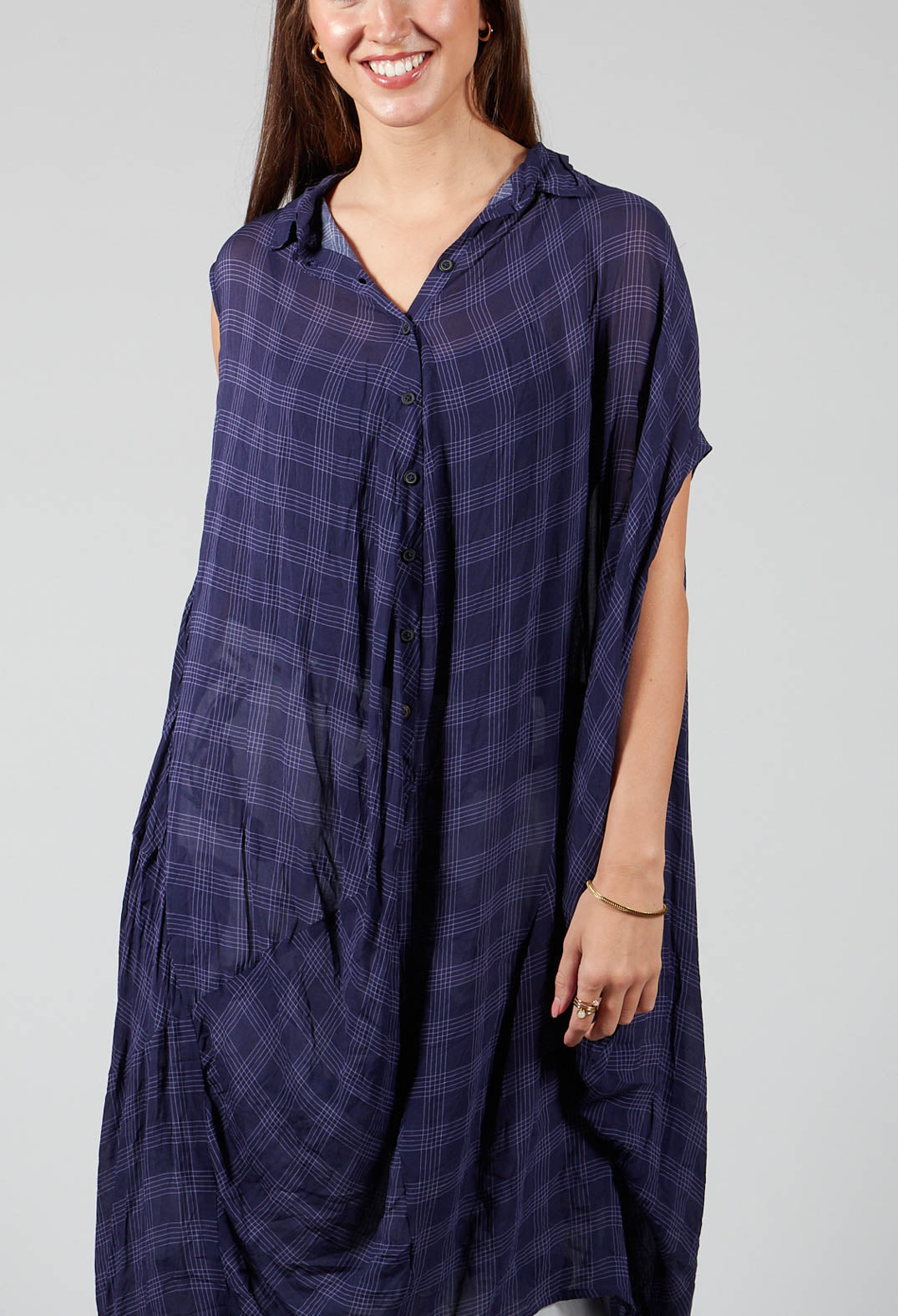 Sleeveless Shirt Dress with Curved Hemline in Quetsche Print