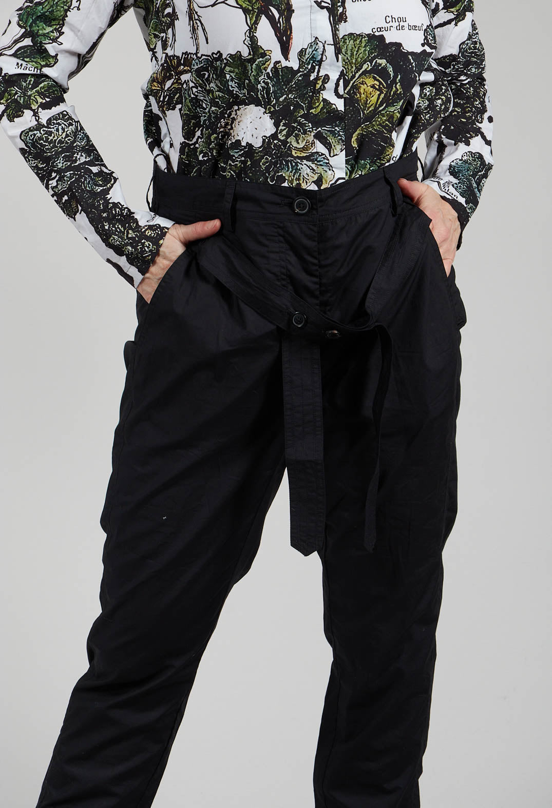 Lightweight Trousers with Button Detail Belt in Black