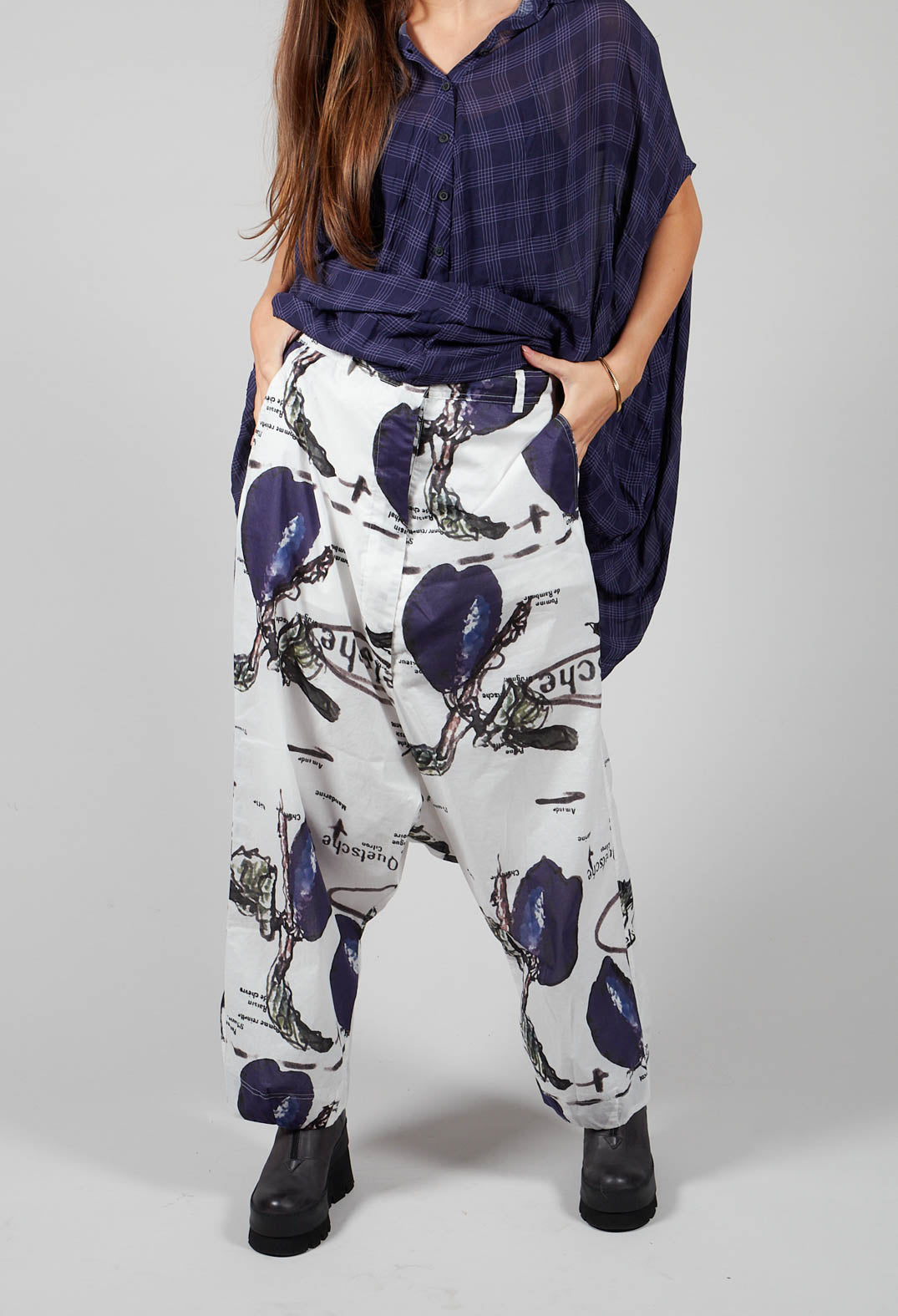 Drop Crotch Trousers with All Over Print in Quetsche Lack