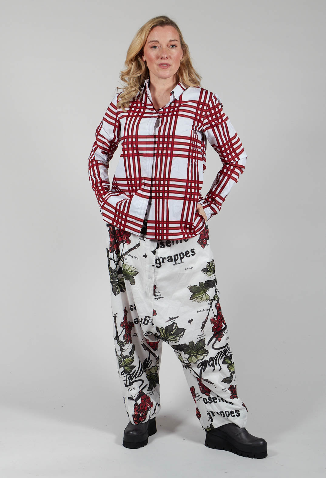 Drop Crotch Trousers with All Over Print in Fraise Lack