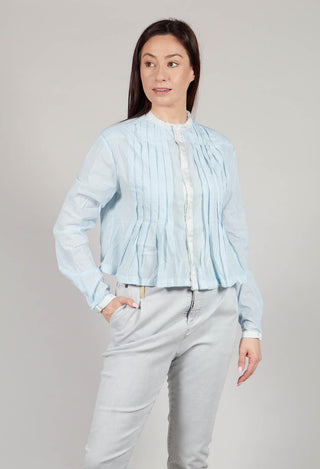 Cropped Cotton Shirt with Pleating in Light Blue