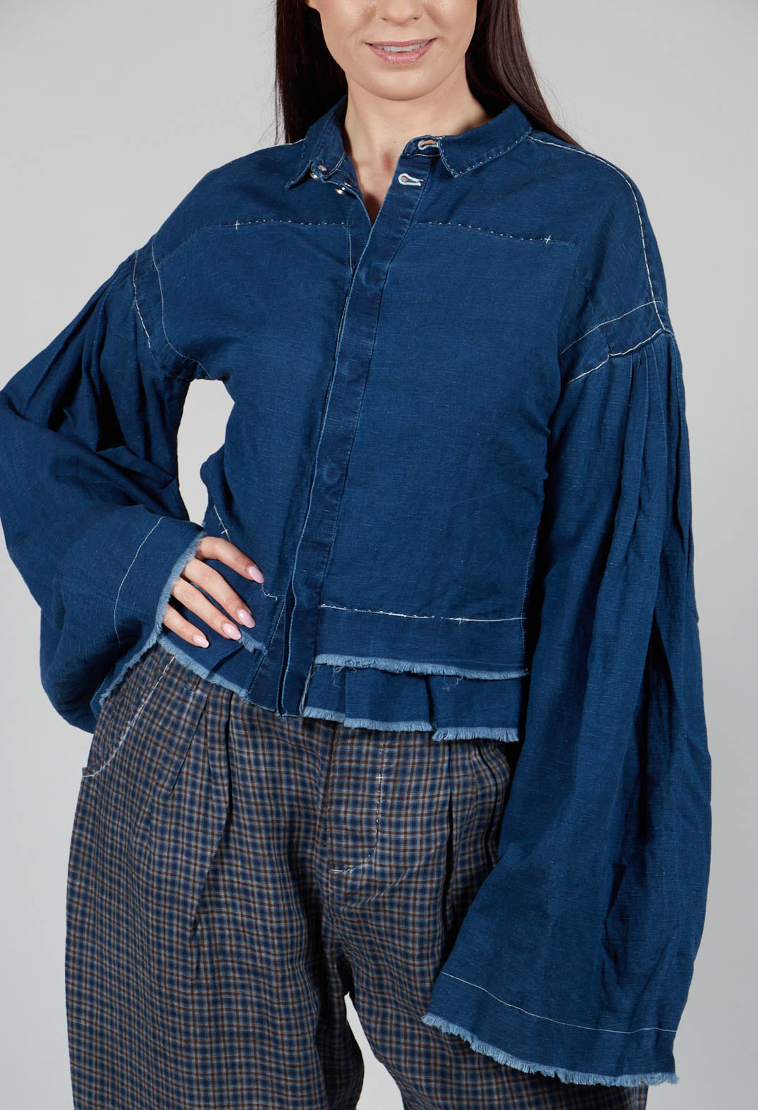 Wide Sleeve Shirt with Distressed Detail in Dark Navy