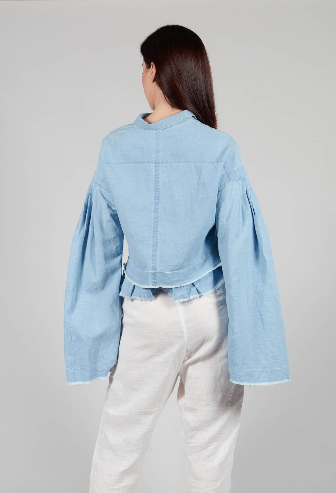 Wide Sleeve Shirt with Distressed Detail in Light Blue
