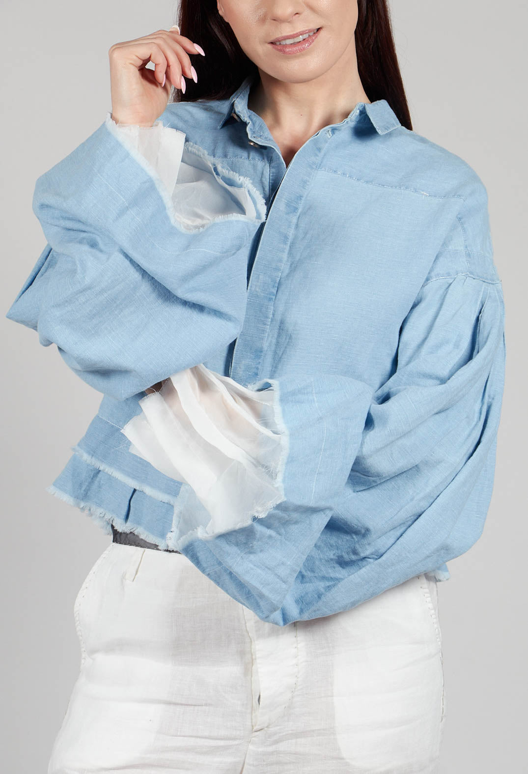 Wide Sleeve Shirt with Distressed Detail in Light Blue