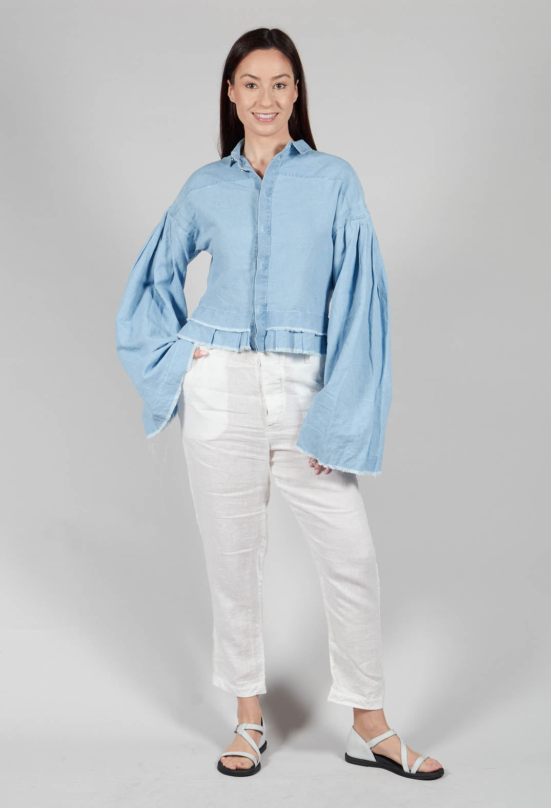 Wide Sleeve Shirt with Distressed Detail in Light Blue
