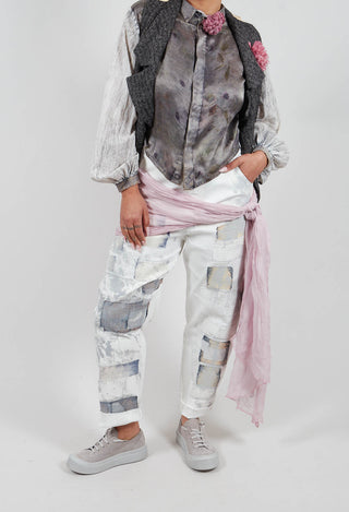 Straight Leg Jeans with Contrasting Patchwork Detail in Off White