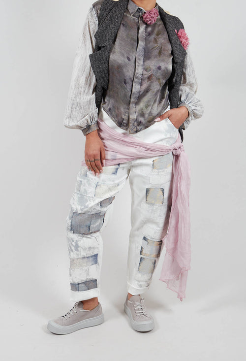 Straight Leg Jeans with Contrasting Patchwork Detail in Off White