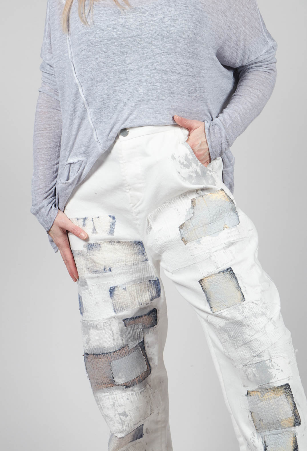 Straight Leg Jeans with Contrasting Patchwork Detail in Off White