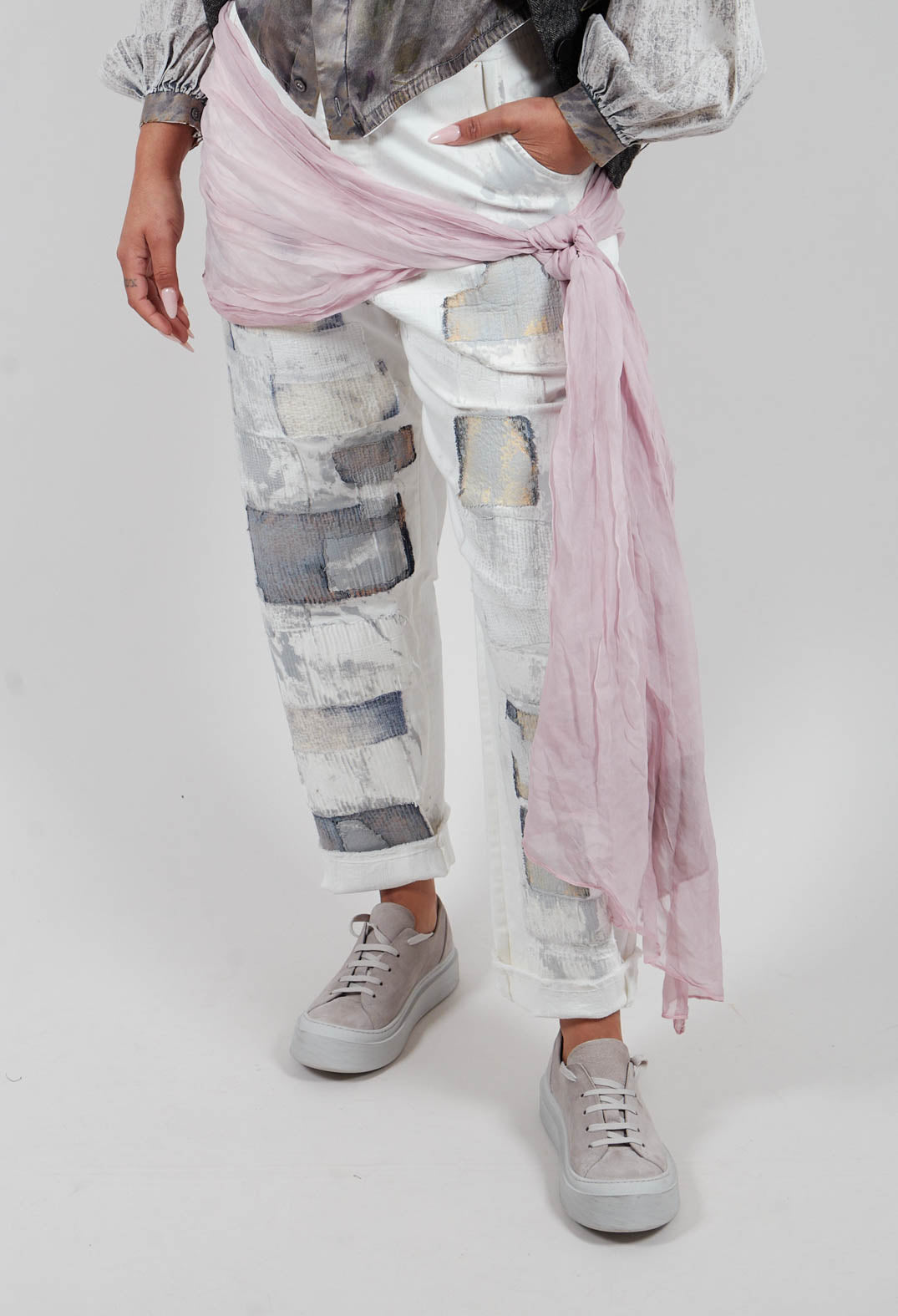 Straight Leg Jeans with Contrasting Patchwork Detail in Off White