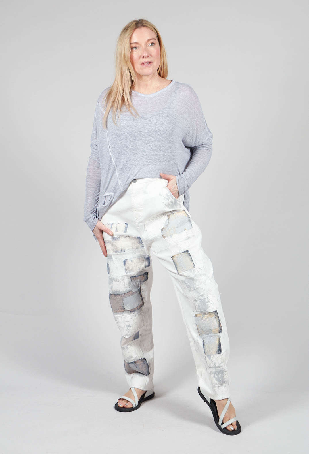 Straight Leg Jeans with Contrasting Patchwork Detail in Off White