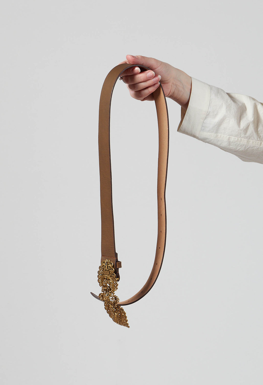 Belt with Ornate Plate Fastening in Khaki