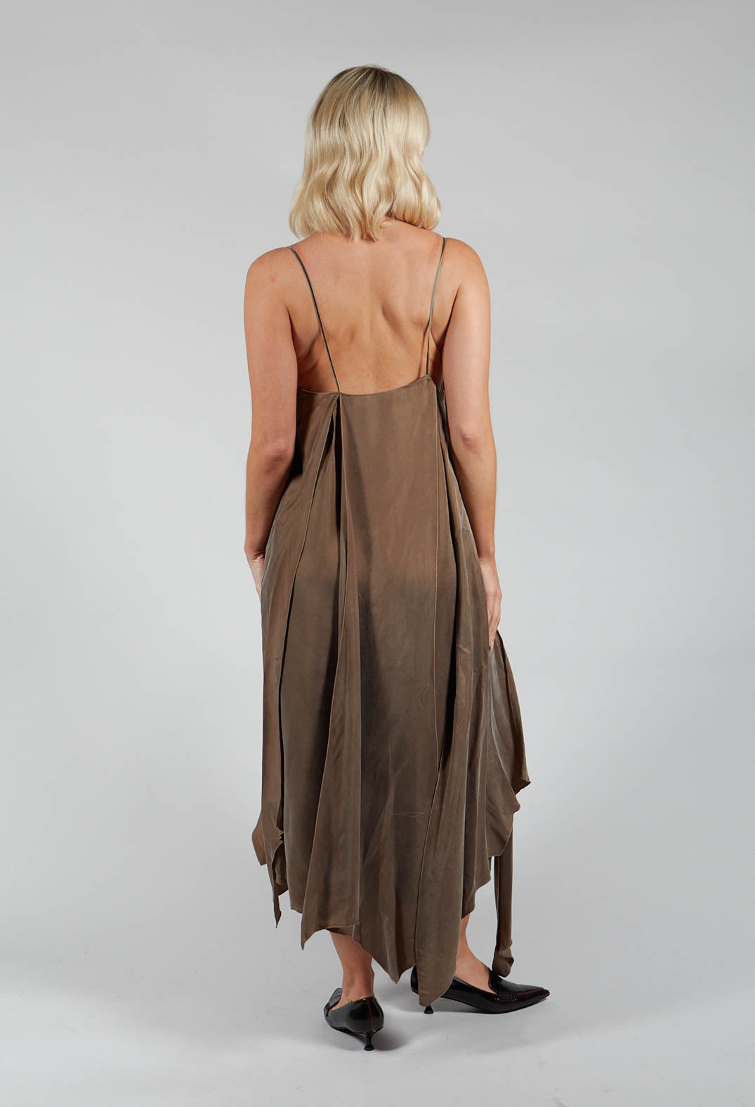 Multilayed Dress with Asymmetric Neckline in Khaki