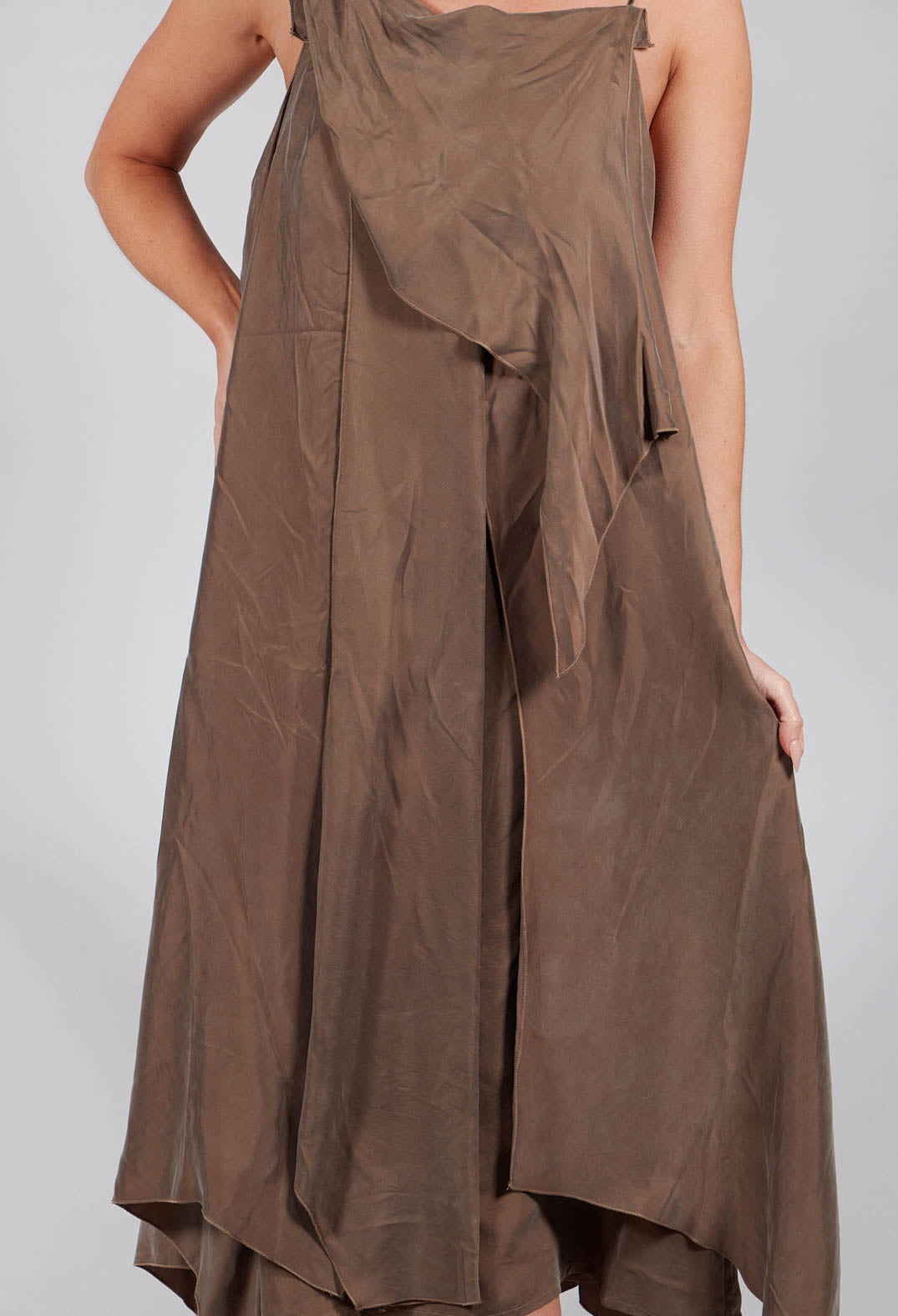 Multilayed Dress with Asymmetric Neckline in Khaki