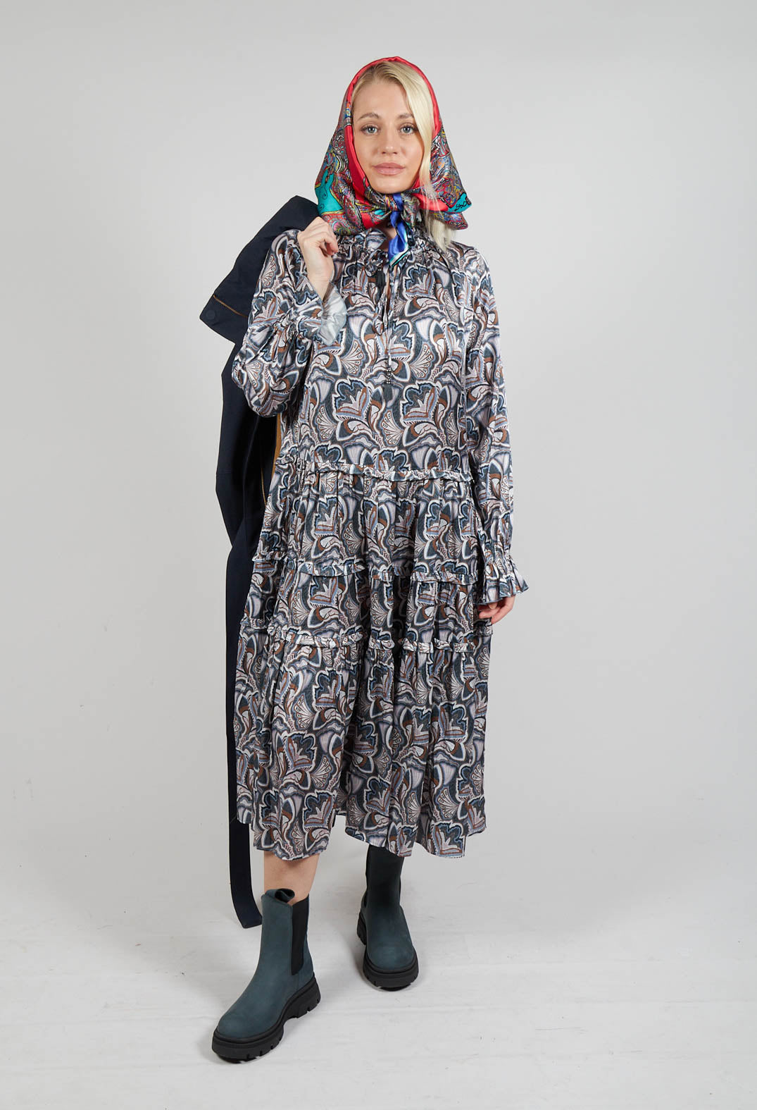 Long Sleeved Dress with Ruffle Collar in Trellis Blue