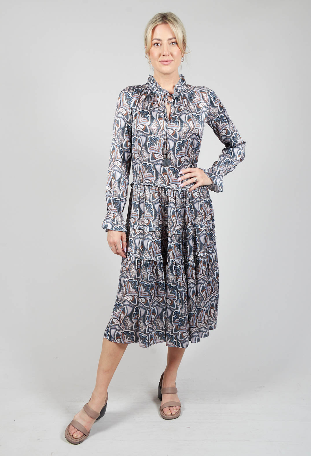 Long Sleeved Dress with Ruffle Collar in Trellis Blue