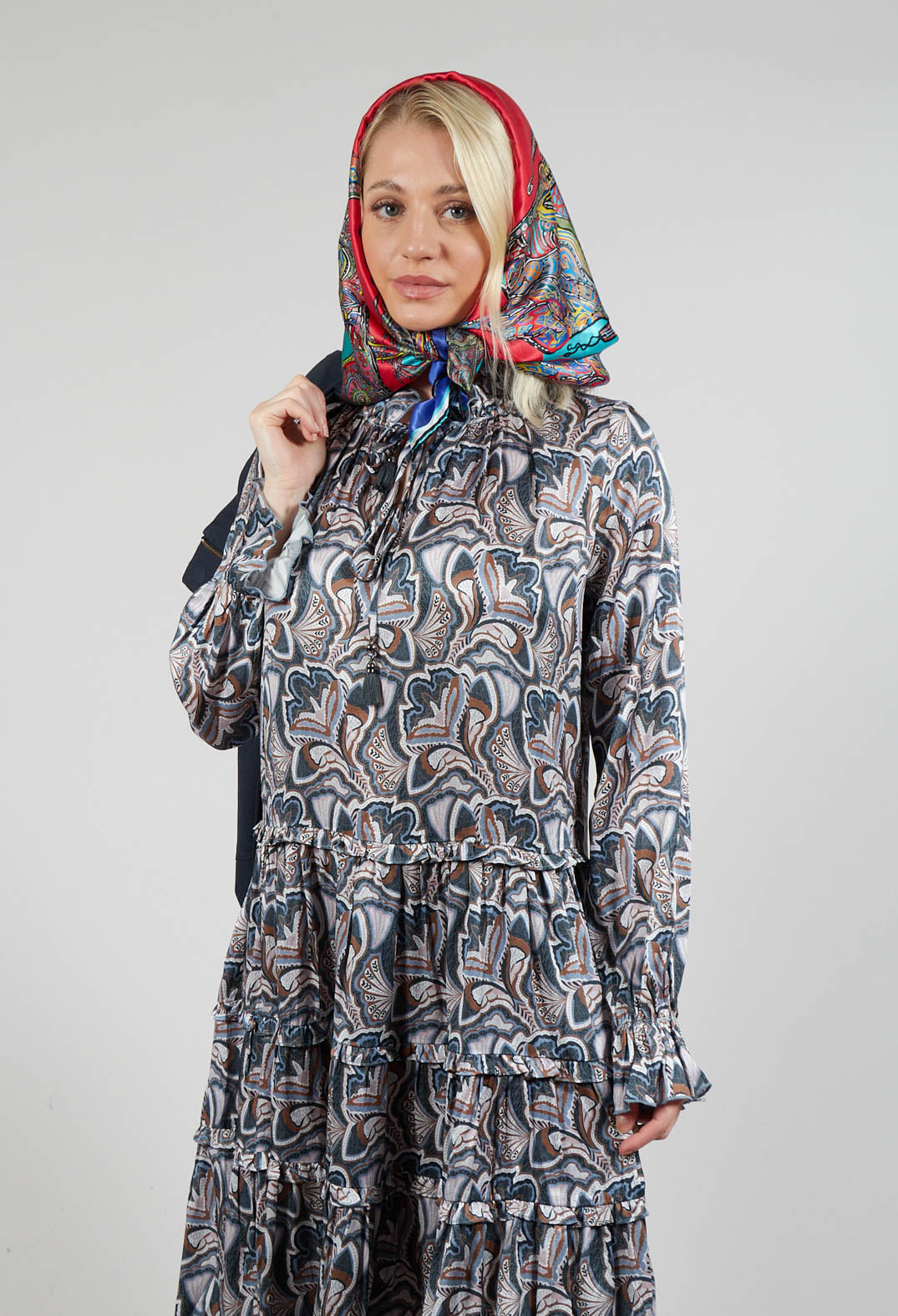 Long Sleeved Dress with Ruffle Collar in Trellis Blue