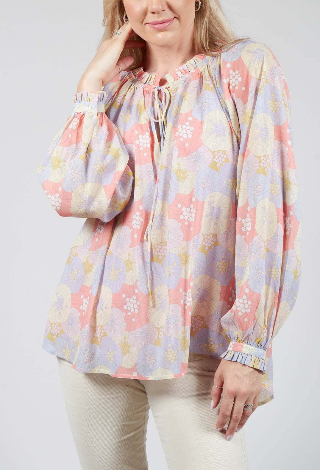 Long Sleeved Sheer Blouse in Seashells Pastel