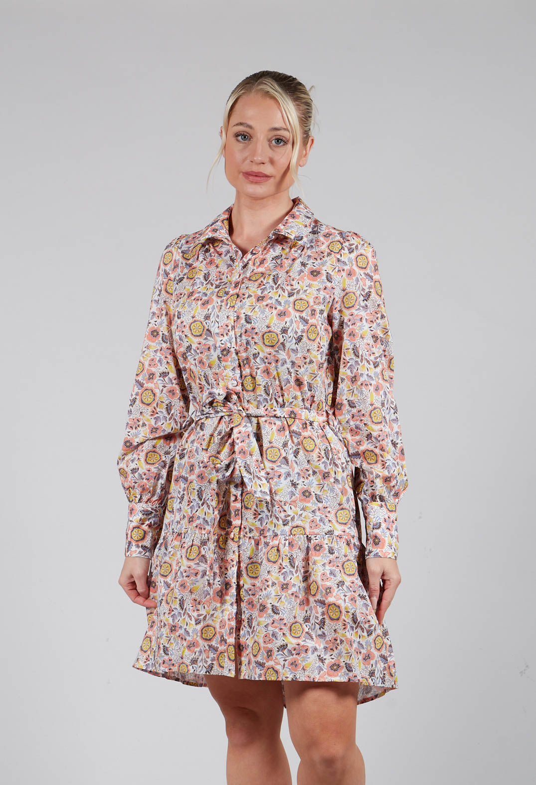 Belted Button Down Shirt Dress in Waterflower Pastel