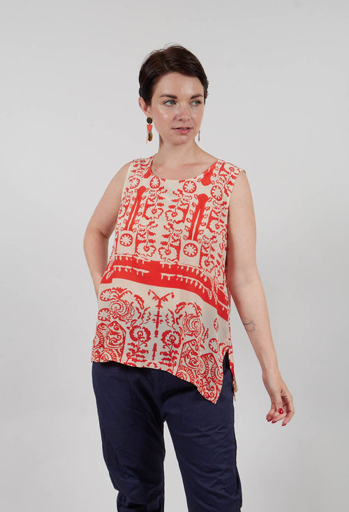 Silk Vest Top with Side Splits in Orange Print