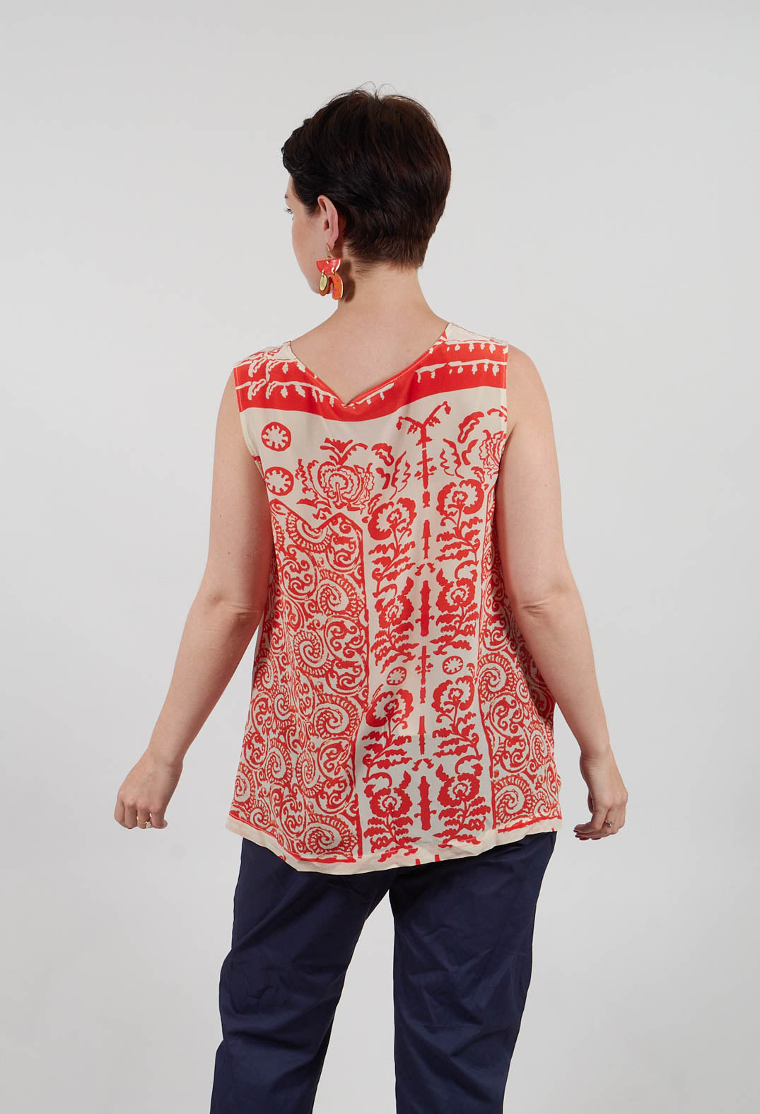 Silk Vest Top with Side Splits in Orange Print