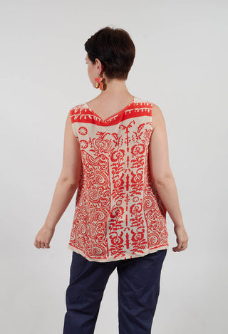 Silk Vest Top with Side Splits in Orange Print