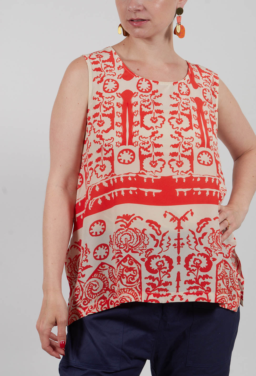 Silk Vest Top with Side Splits in Orange Print