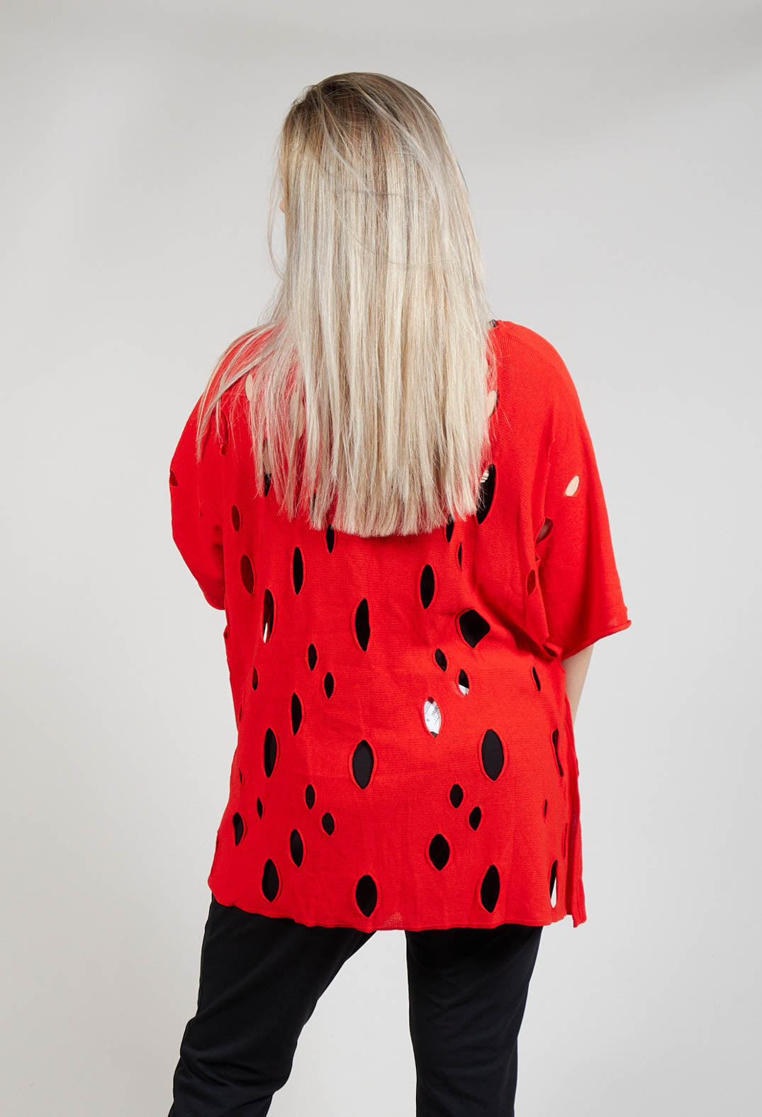 Short Sleeved Jumper with Hole Detail in Red