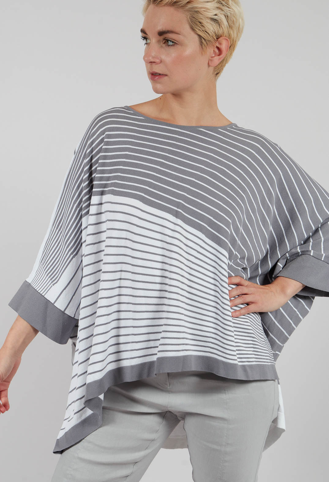 Striped Batwing Jumper in Grey and White