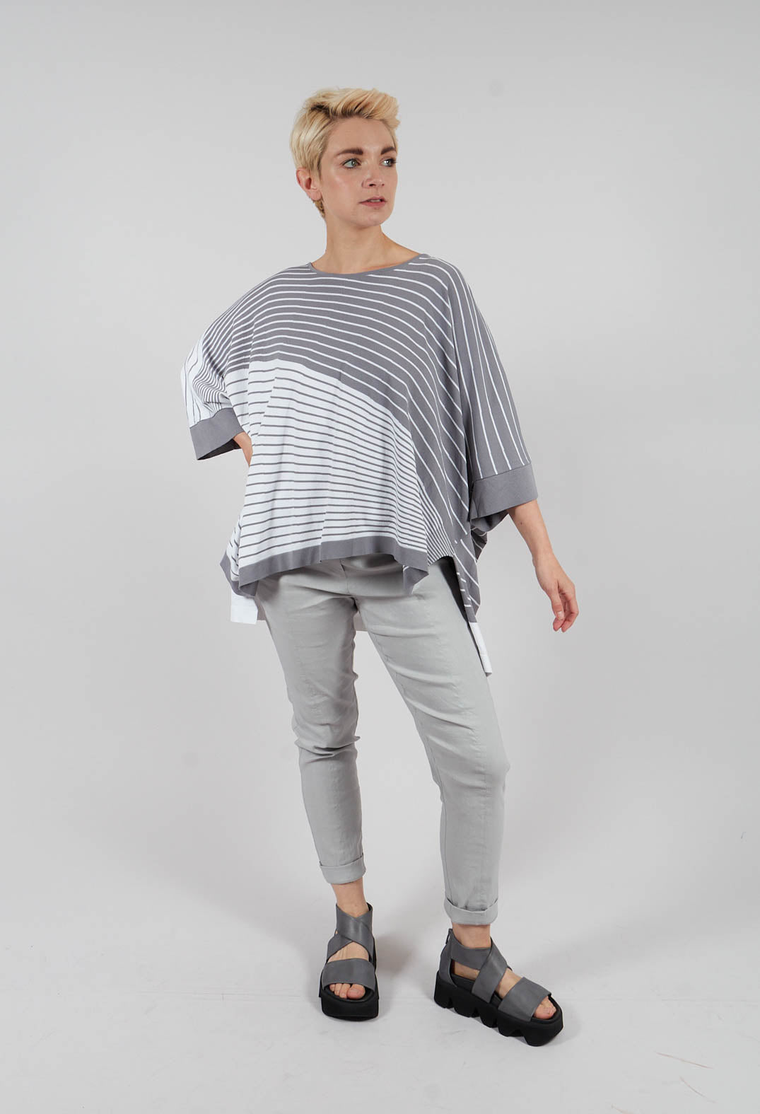 Striped Batwing Jumper in Grey and White
