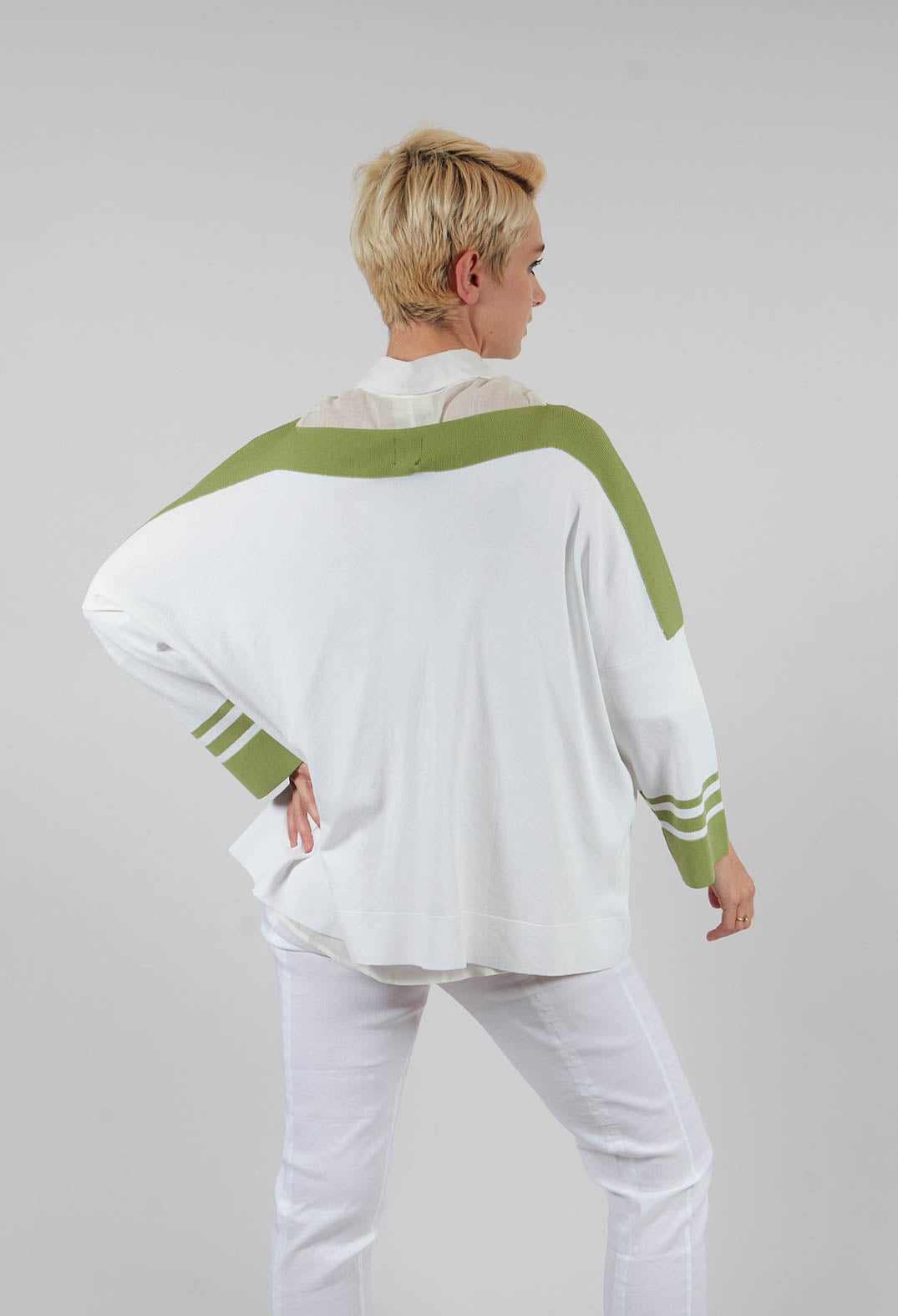 Jumper with Three Quarter Length Sleeves in White and Green