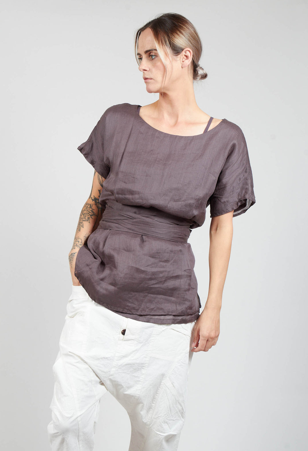 Short Sleeve Top with Tie Belt in Purple Coffee
