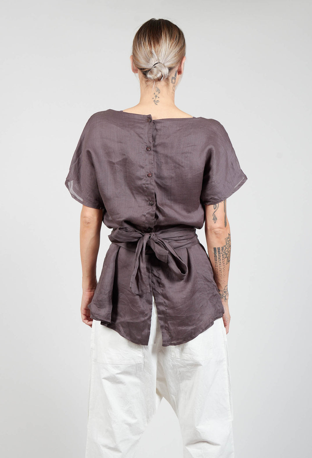 Short Sleeve Top with Tie Belt in Purple Coffee