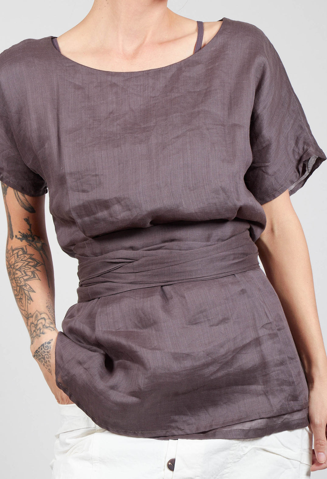 Short Sleeve Top with Tie Belt in Purple Coffee