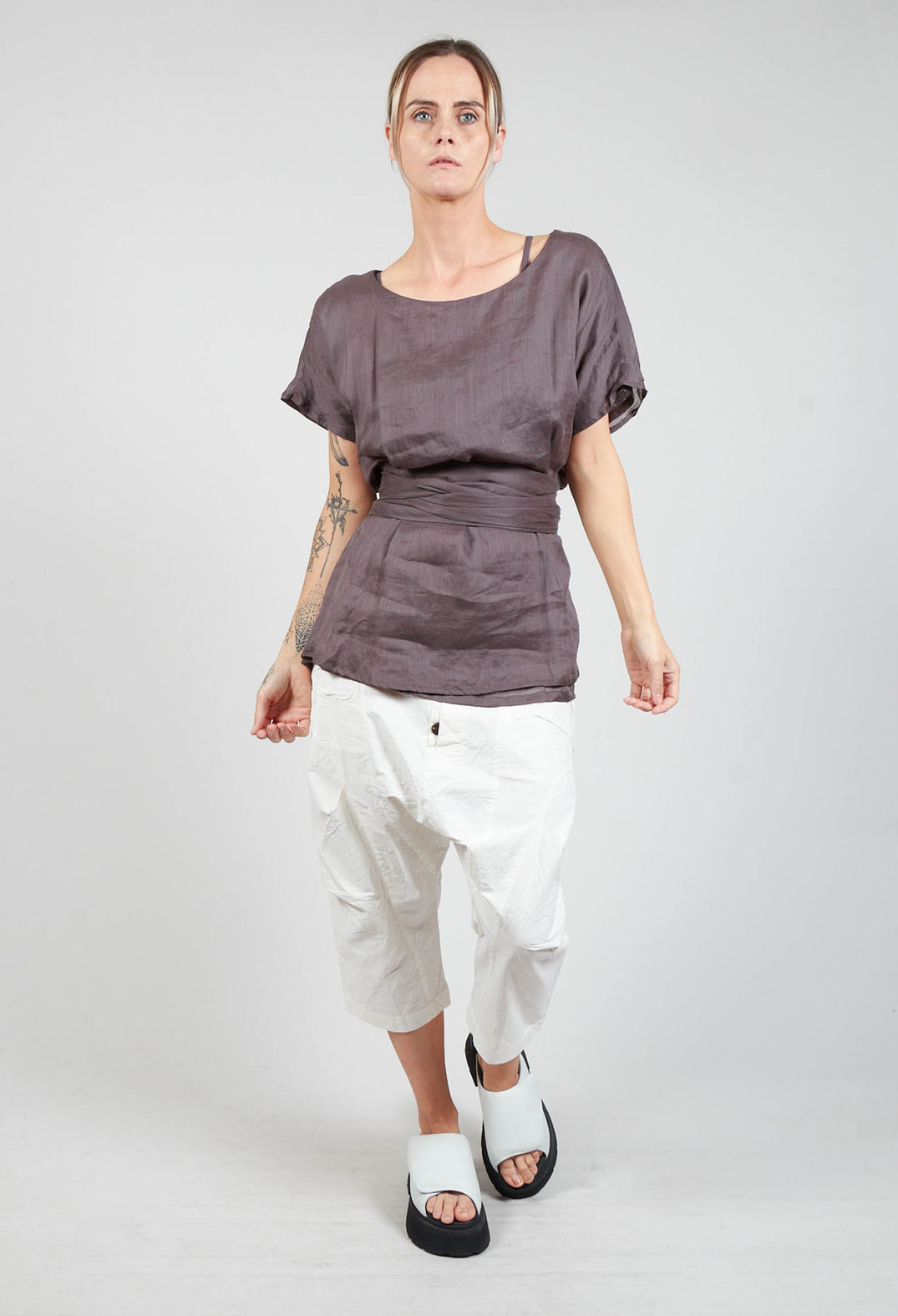 Short Sleeve Top with Tie Belt in Purple Coffee