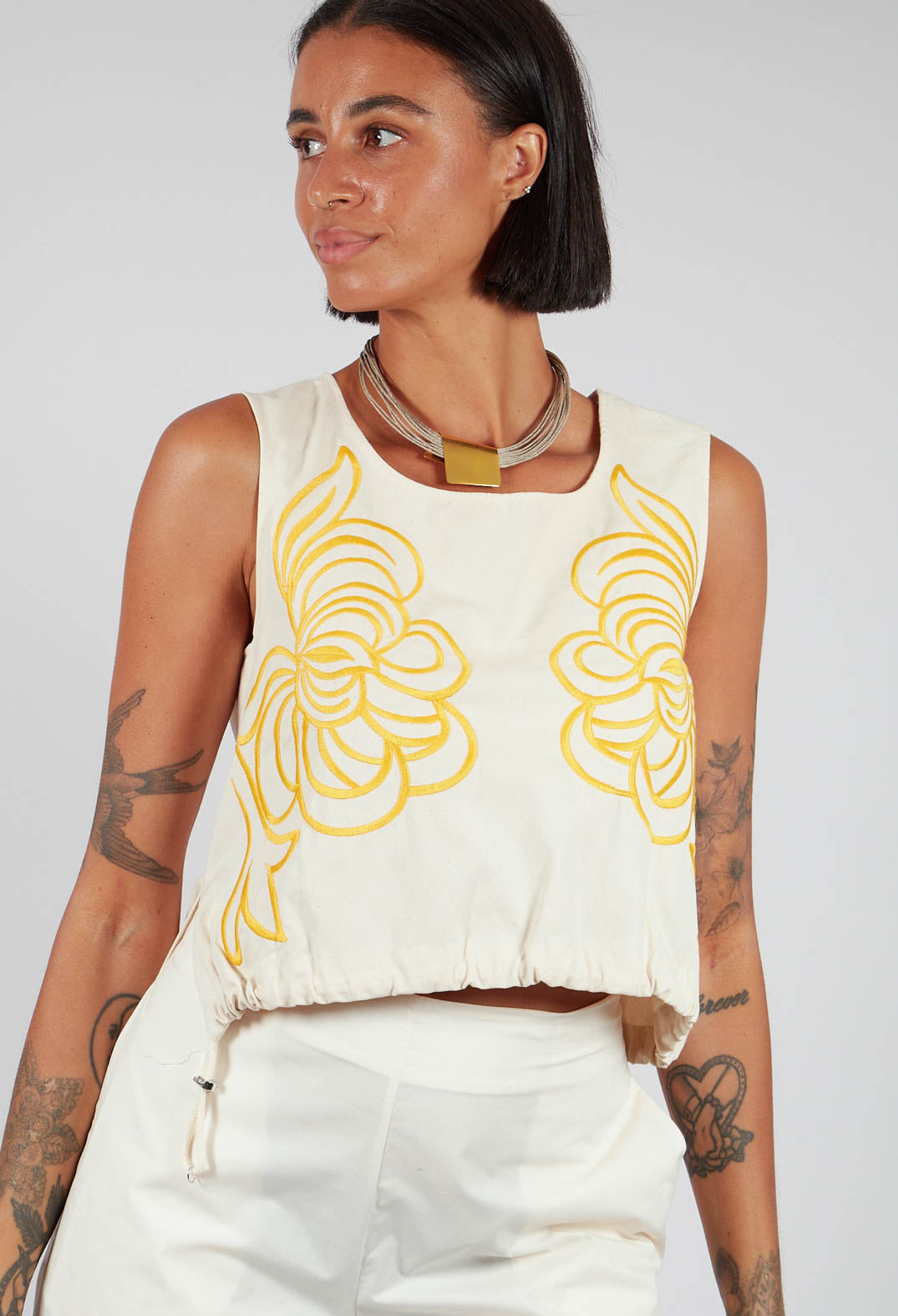 Sleevless Vest Style Top With Embroidered front and Drawstring Waist