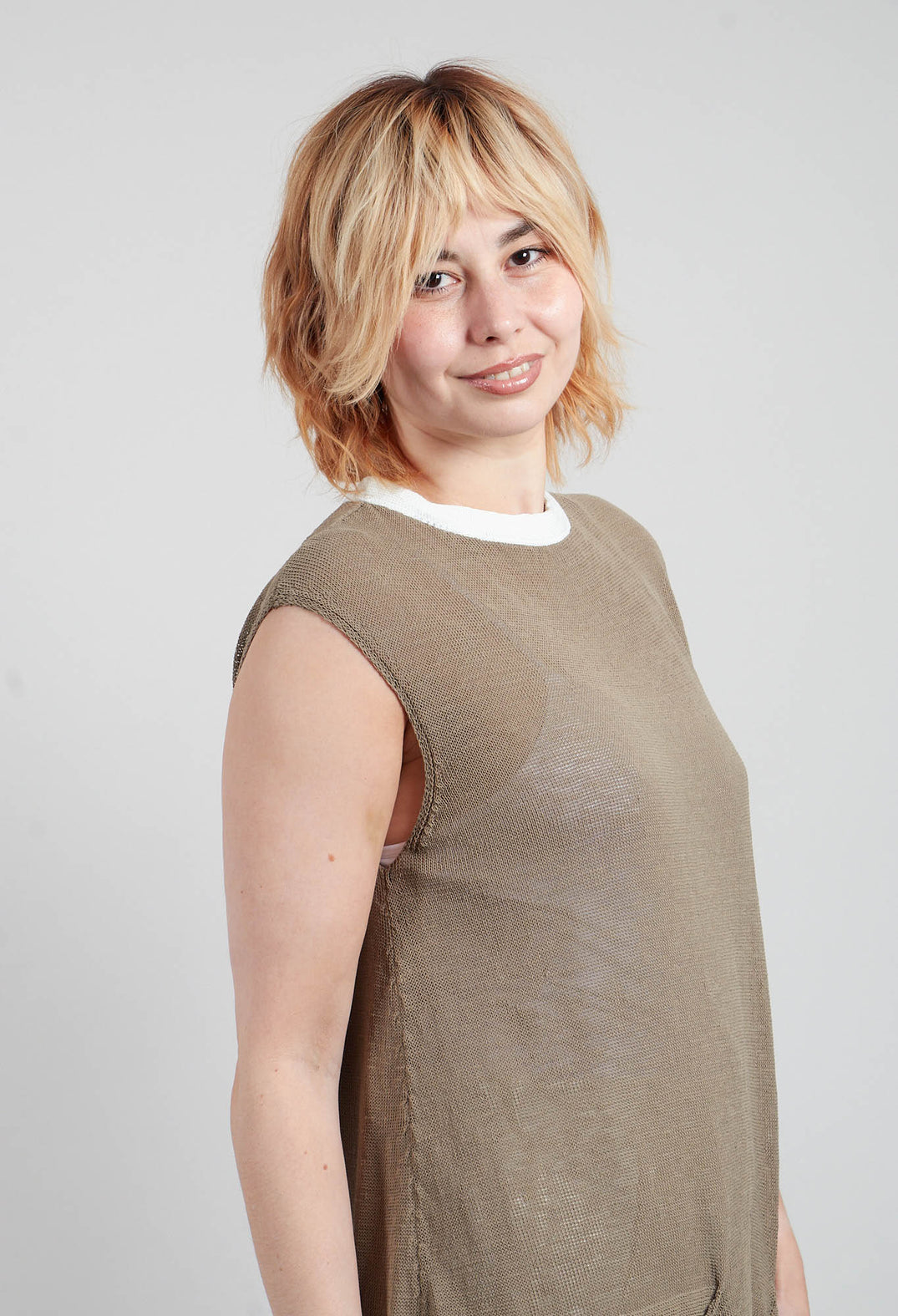 Knitted Tunic Dress with Contrasting Neckline in Green